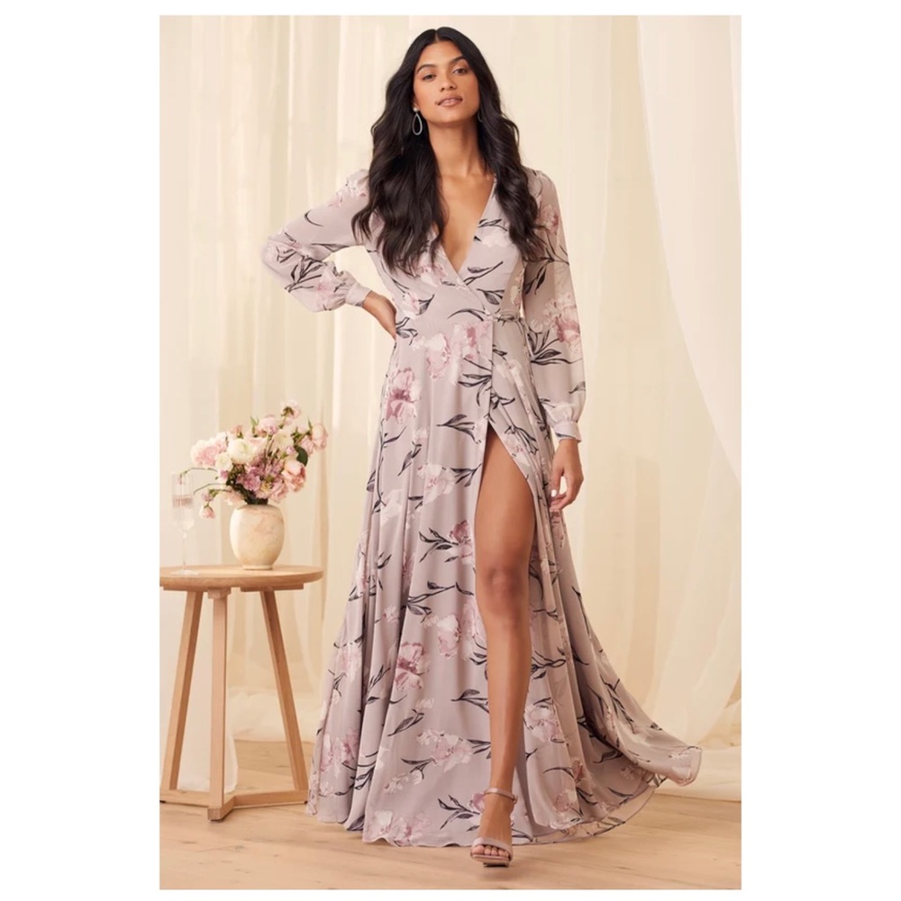Lulu’s “Loving You” Dusty Purple Floral Print Long Sleeve Wrap Maxi Dress